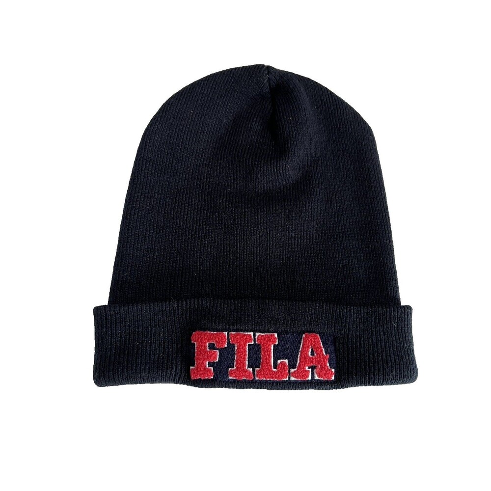 FILA Stretch Knit Hat Cuffed Ski Cap Mens Beanie Blue Raised Letters RARE